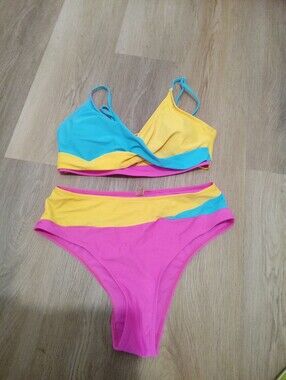 Shein Size L Colorblock Pink, Yellow & Turquoise Bikini Set High Waist Bottom